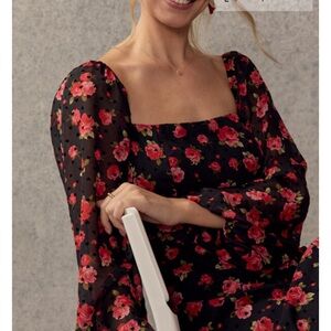 Black and Red Floral Midi Dress